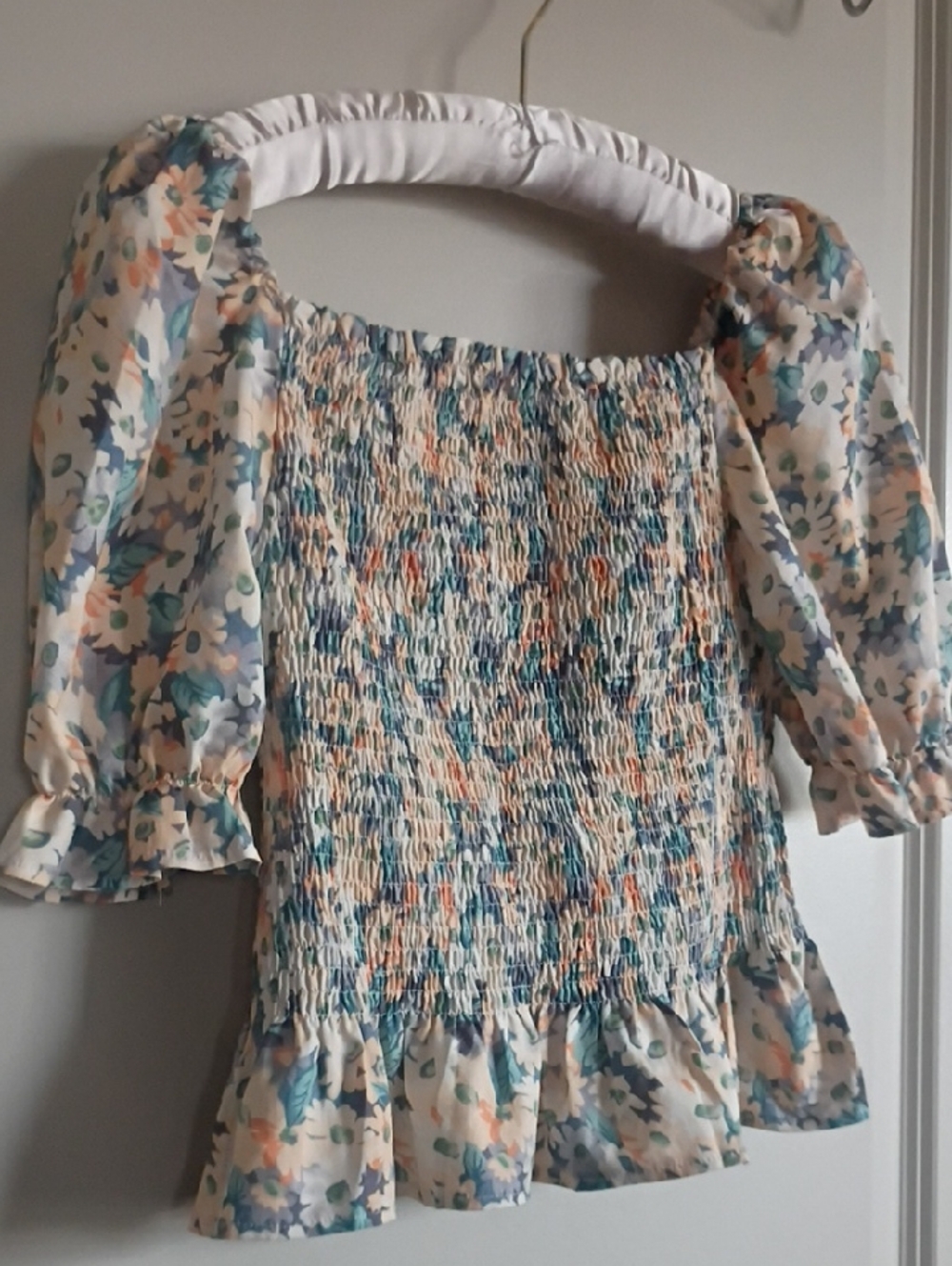 Floral Smocked Puff-Sleeve Blouse in Multi-Color